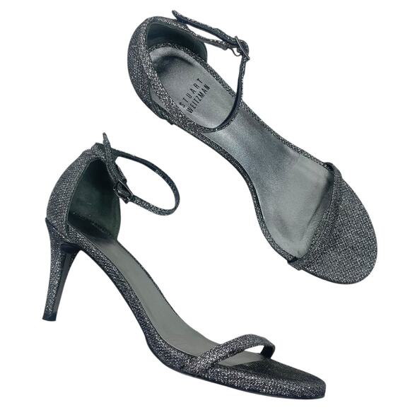 Stuart Weitzman Nudistcurve Lurex Glitter 75mm Sandals Black Gray Size 7M - Picture 1 of 14